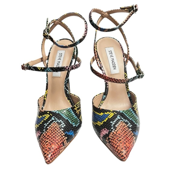 Steve Madden Multicolor Snakeskin 7.5M Pointed Toe Strappy Chic Stiletto Heels - Picture 3 of 10